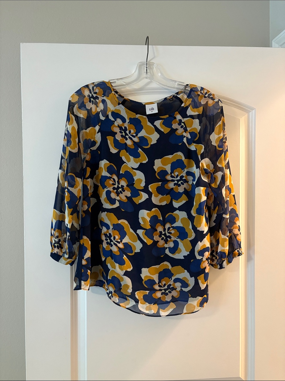 CAbi Navy Floral Blouse with Mustard and Cream Blooms